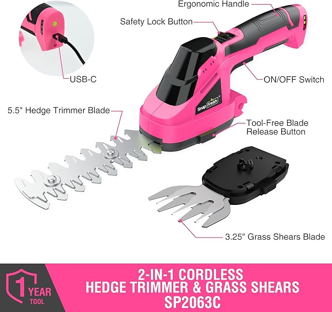 SnapFresh Cordless Hedge Trimmer & Grass Shears, 7.2V 2-in-1 Handheld Electric Bush Trimmer, Lightweight & Low-Noise, Rechargeable Lithium-Ion Battery with Type-C Cable Included (Pink)