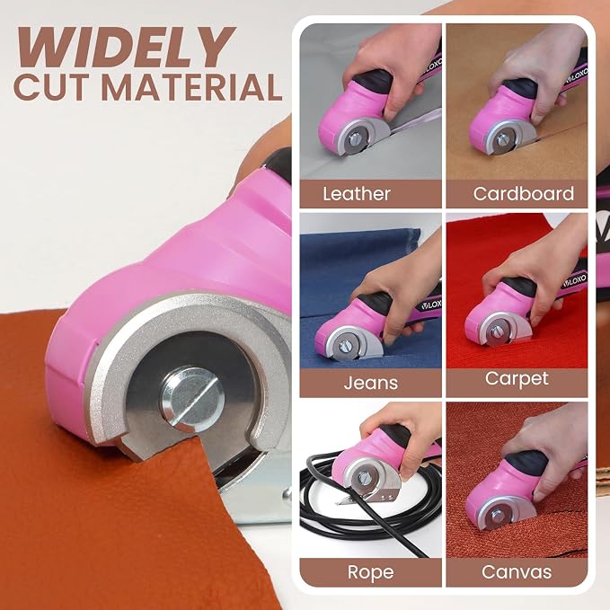 VLOXO Cordless Electric Scissors, Rechargeable Rotary Cutter for Cardboard Leather Fabric Plastic Canvas with Safety Lock, Multi-Purpose Cutting Tool with Replacement Blades and Charger (Pink)