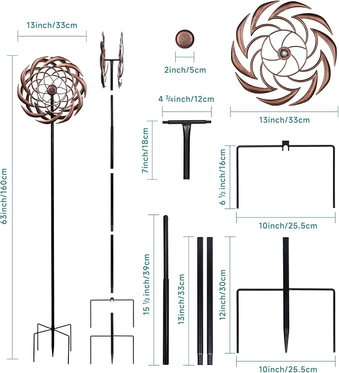 63" Copper Wind Spinner Metal Bronze Antique Clockwork Garden Yard | Antique Garden Art, Rustproof bronze sundial spinner, Whisper-quiet dual-bearing kinetic motion, Stable 5-prong stake