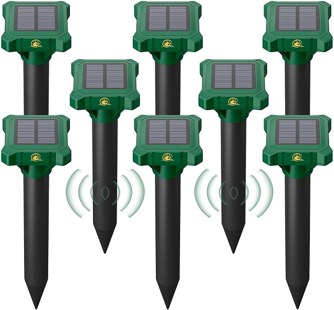 8 Pack Mole Repellent Solar Powered, Gopher Repellent Ultrasonic for Lawns, IP65 Waterproof Mole Deterrent for Yard, Outdoor Pest Control for Groundhog, Vole, Armadillo, Chipmunk, Snake