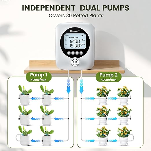 Automatic Plant Waterer for 30 Potted Plants - 98FT Dual Pumps Automatic Watering System, Vacation Self Watering Drip Irrigation System & Plant Watering Device with Programmable Water Timer