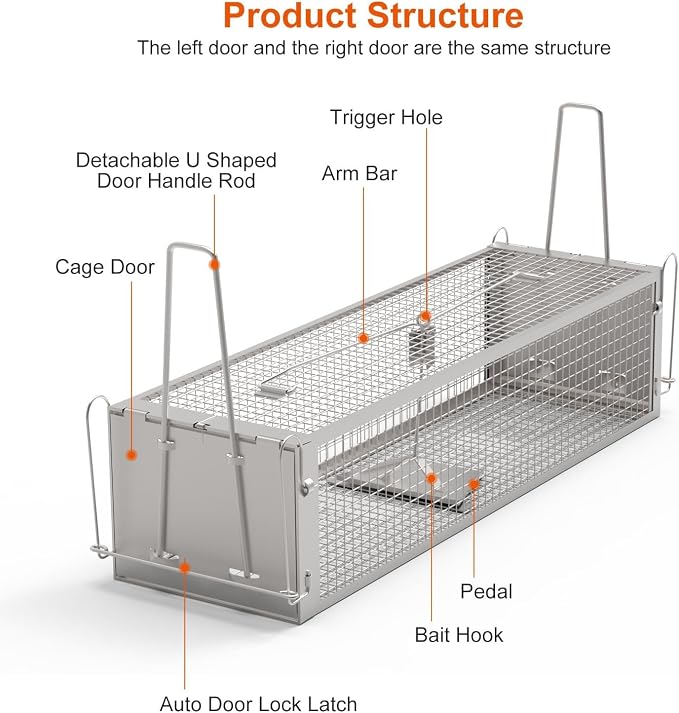 TeqHome 2-Door Humane Rat Cage Trap, Metal Live Animal Trap Cage, Small Humane Catch Release Rodent Cages, Upgraded Indoor & Outdoor Live Traps for Squirrels, Mouse, Rats, Mice - 16.6x6.1x4.33 Inches