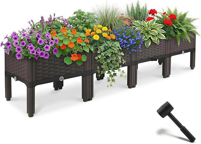 4Pcs Plastic Raised Garden Bed,62.4"×15.6"×14.4" Elevated Wicker Planter Box with Self-Watering System, Plants Garden Boxes with Legs for Growing Fresh Vegetables,Fruit,Flowers and Herbs