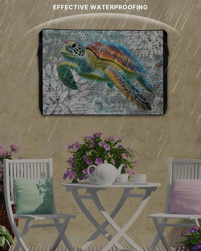 Ocean Outdoor TV Cover 50 Inch Weatherproof Sea Turtle Nautical Map for Outside, 600D Thick Waterproof Outdoor Screen Protector Outside TV Cover with Zipper for 48 to 50 inch Screens