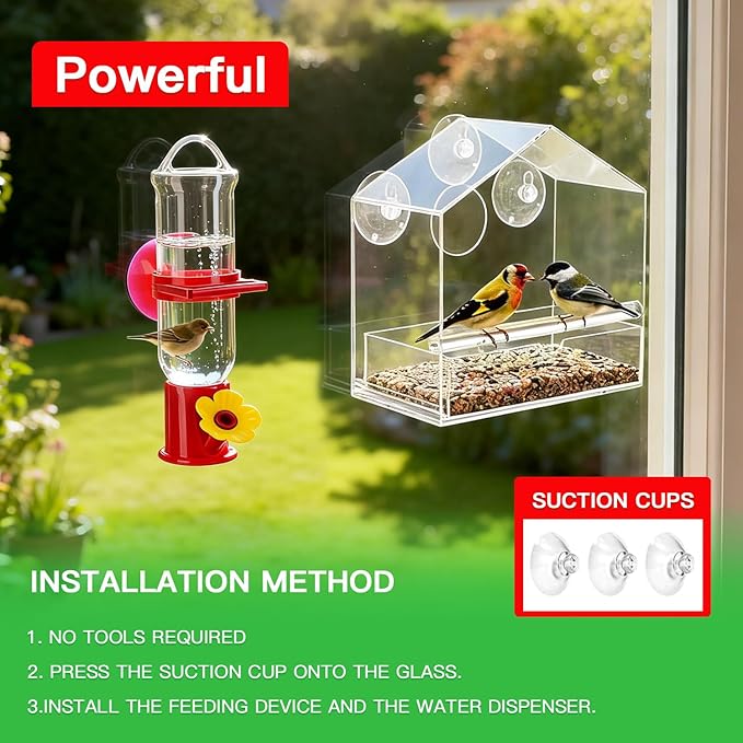Window Bird Feeder with Hummingbird Waterer（2-Piece Set） - Extra-Large Window for Offer Easy Food & Water Access, Super-Strong Suction Cup, Easy Install & Clean, Sturdy Durable Outdoor Use.