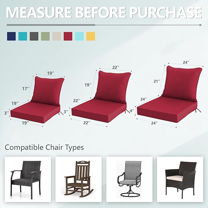22x22 Inch Patio Chair Cushions Set of 2, Outdoor Furniture Cushions - Removable Cover, Water-Repellent, Fade-Resistant, Non-Slip Bottom & Straps, Replacement for Lawn, Porch & Deck Chair - Burgundy