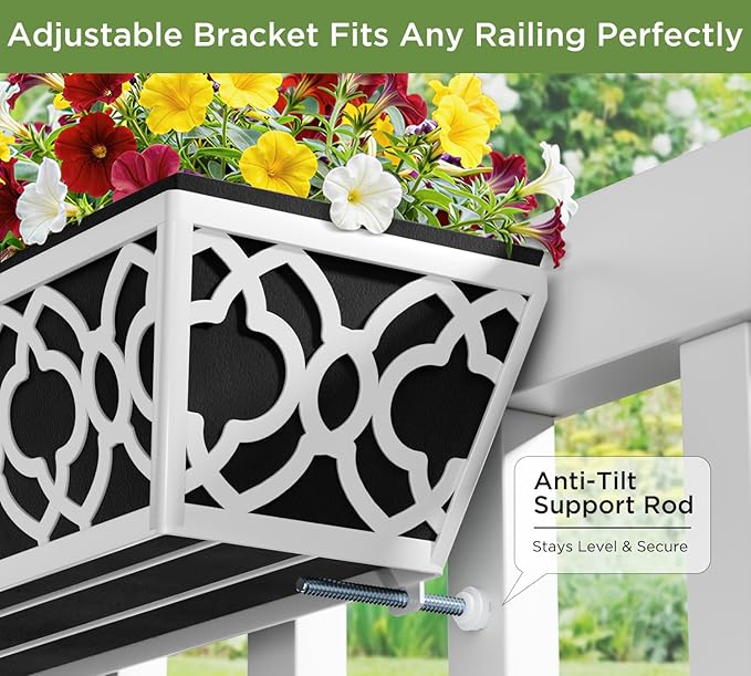 Y&M 2Pcs 36'' Railing Planter Box Set with Adjustable Brackets, Large Hanging Window Boxes for Fence, Deck, Balcony, and Garden, Gray Metal Frame with Black Nonwoven Fabric Liner