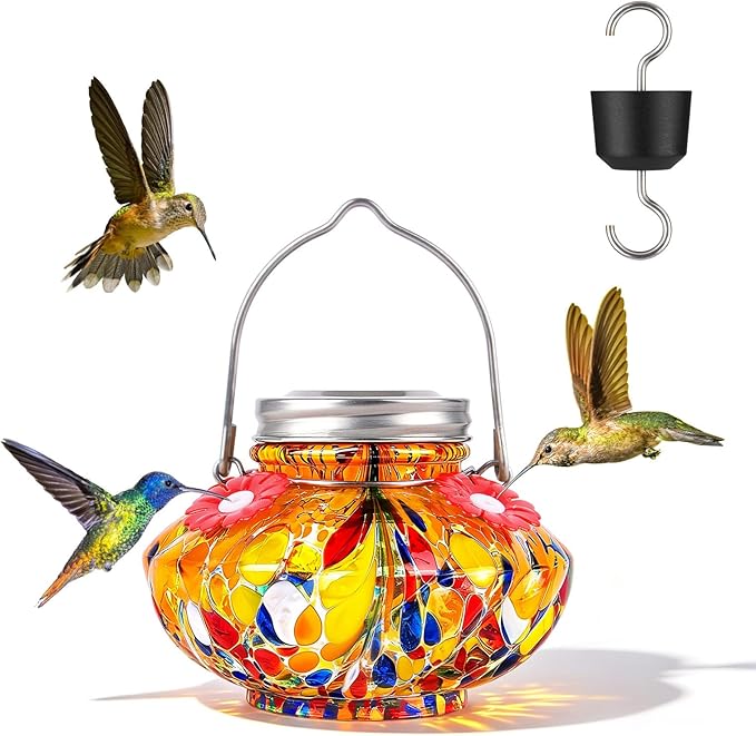 BOLITE Hummingbird Feeders for Outdoors, Hand Blown Top Fill Hummingbird Feeder, Glass Mason Jar with 4 Flower Feed Ports, Easy to Clean, Leak Proof, Bee Proof, Ant Moat, Orange, Gift for Bird Lovers