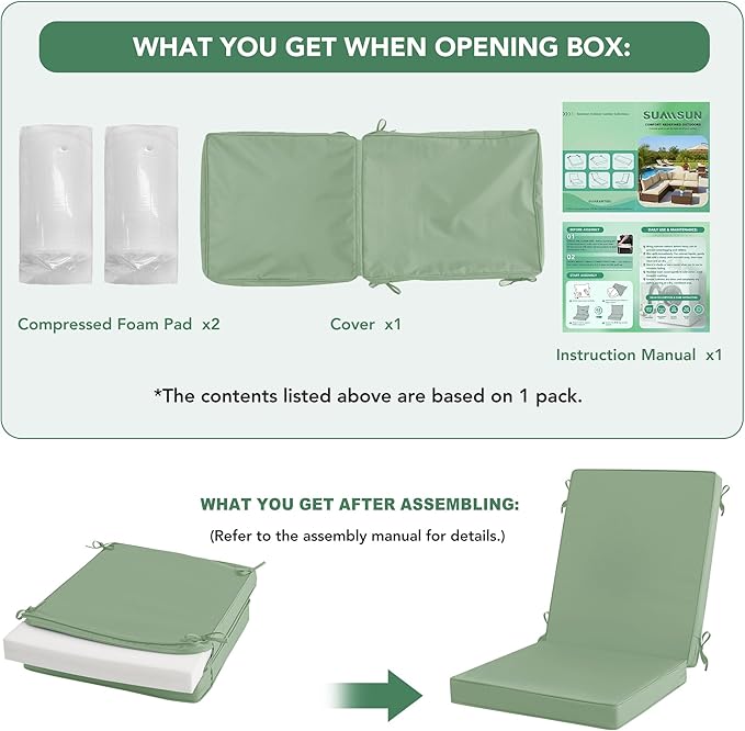 Summsun Patio Dining Chair Cushions 2 Pack, High Back Outdoor Seat Cushion Set with Splash-Proof Removable Covers, Ties, Non-Slip Bottom for Garden Lawn Patio Furniture, 44 x 20 Inch, Sage Green
