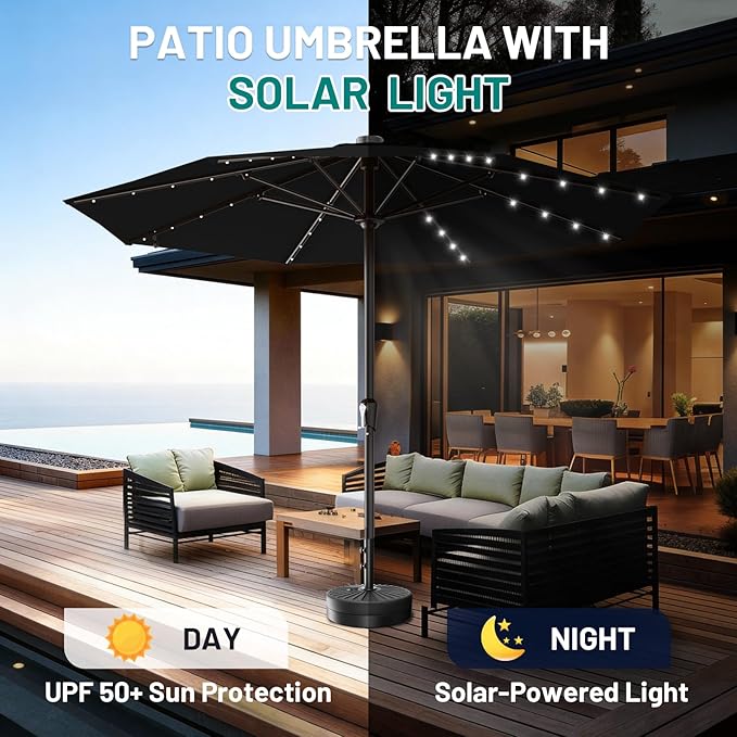 AreShark 11FT Large Patio Umbrella with Solar Lights, Lighted Solar Umbrella with Crank, Outdoor Table Market Umbrellas for Garden, Deck, Backyard, Pool and Beach, Black