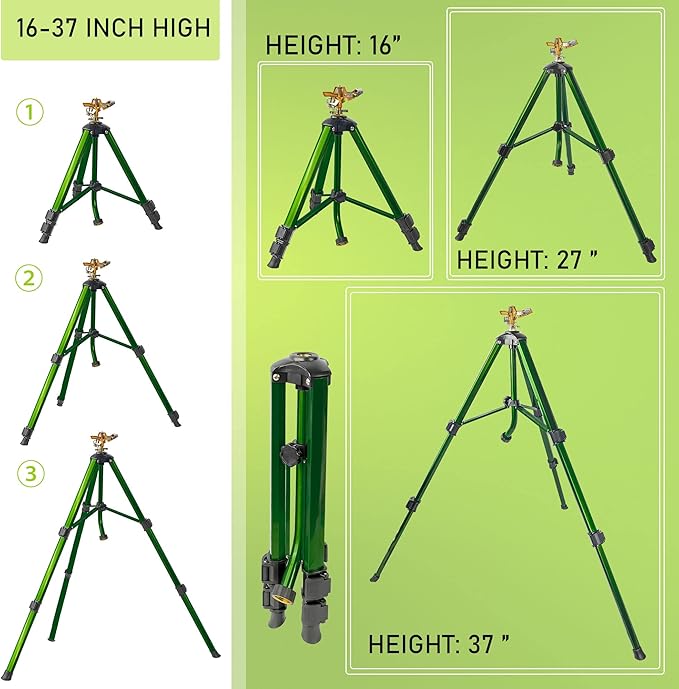 Hourleey Impact Sprinkler on Tripod Base, Heavy Duty Brass Sprinklers for Yard Lawn Garden, 0-360 Degree Large Area Coverage, 3/4 Inch Connector Extension Legs Flip Locks with Brass Sprinkler Head