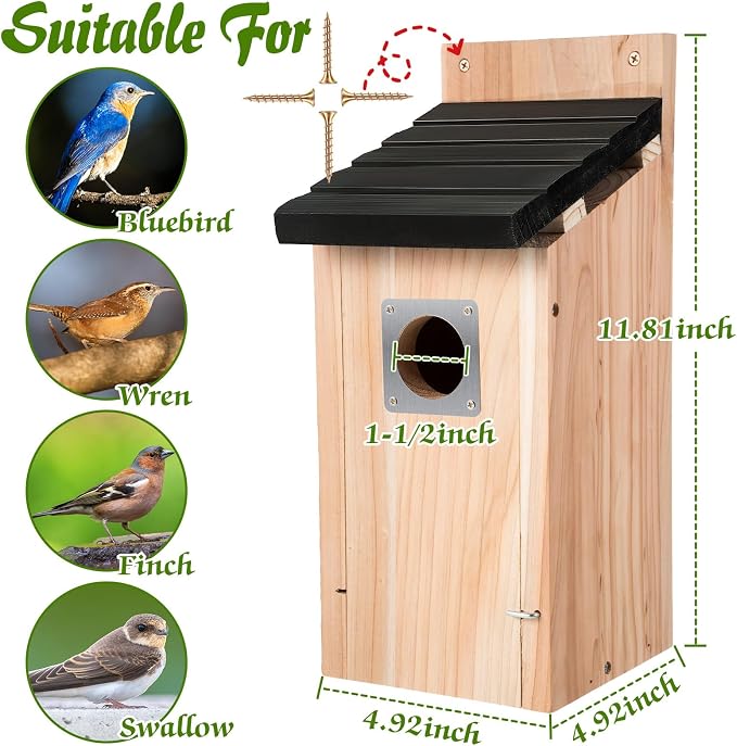 Dreyoo 8 Pack Bluebird Box Houses for Outside,1-1/2'' Entrance Hole Wooden Bird Houses with Metal Guard, Secure Latch,Fledgling Grooves,Air Vents for Bluebird Wren Swallow (Black Roof,Wood Body)