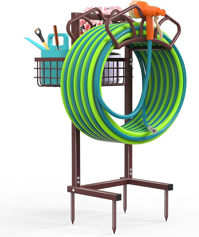 Qatsrin Upgraded Garden Hose Holder with Large Basket, Heavy Duty Water Hose Holder Supports 160-ft Hoses, Freestanding Detachable Hose Stand Storage Reel Hanger Rack for Yard Lawn Farm, Bronze