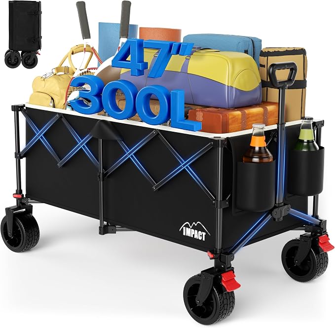 47" Collapsible Wagon Cart Foldable 300L Capacity Compact Folded Size | 330 lbs Heavy Duty Utility Wagon, Removable Fabric & Wheels, Cup Holders, For Shopping Camping Sports Moving