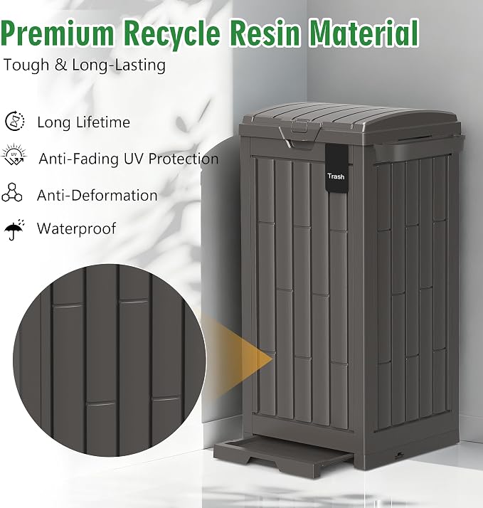 Outdoor Trash Can, 30 Gallon Garbage Can with Tiered Lid and Drip Tray, Waterproof Resin Waste Bin for Patio, Garden, Backyard, Deck, Brown
