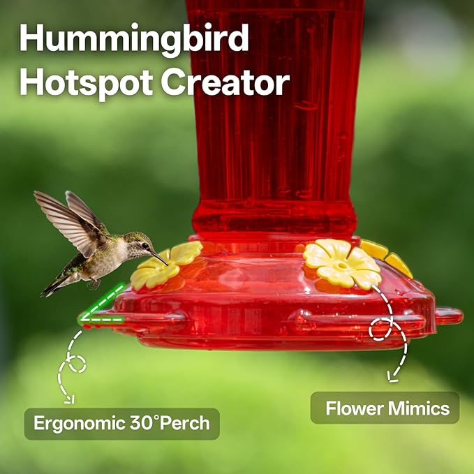 Plastic Hummingbird Feeder, 14 oz Hummingbird Feeders for Outdoors Hanging, Leak-Proof Nectar Feeders with 4 Feeding Ports and Perches, Gifts for Mom, Dad, Grandparents-Red