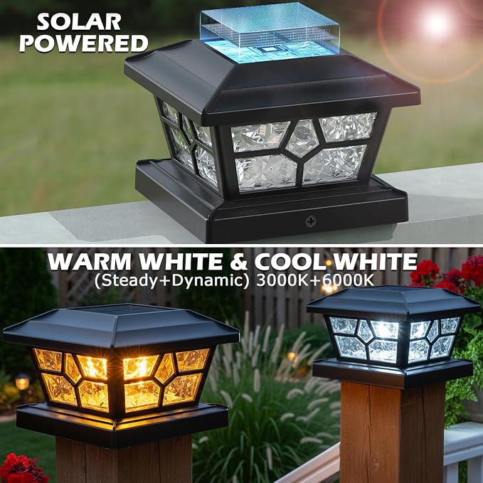 SIEDiNLAR Solar Post Lights Outdoor 6 Pack 4 Modes 40 LEDs Deck Fence Post Cap Light for 4x4 5x5 6x6 Wooden/Vinyl Posts Patio Decor, Warm/White Dynamic Lighting (Black)