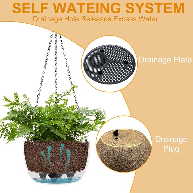 SUNNYPARK 2 Packs Hanging Planters Basket for Outdoor Plants, Solar Powered Self Watering Copper Round Plastic Flower Pots with Drainer for Balcony Patio Garden Outdoor Decoration
