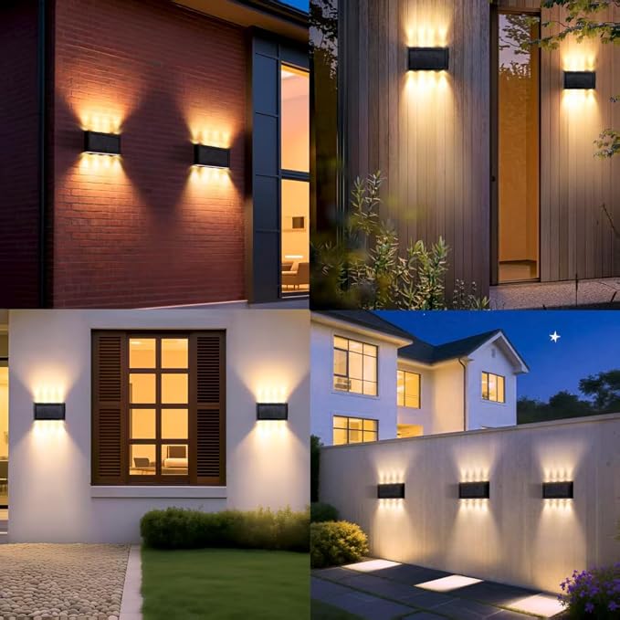 Solar Wall Lights Outdoor, 3000K Warm White, Waterproof, Stylish Mordern Lights, Bright Solar Up and Down Wall Sconce Lighting with 8 LED for Exterior, Porch, Patio, Fence, Garage (4PK)