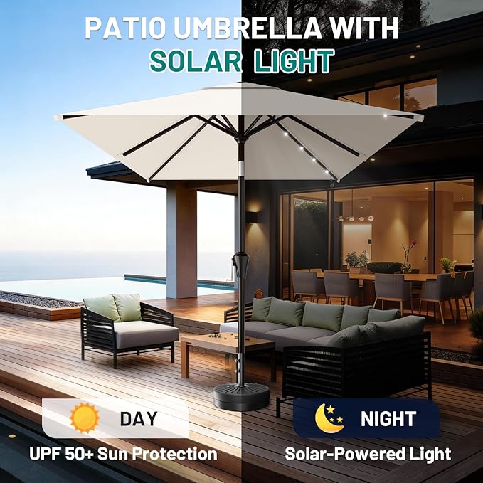 AreShark 6.5' x 10' Rectangular Patio Umbrella with Solar Lights, Solar Powered Lighted Market Umbrella w/Tilt and Crank, Outdoor Table Umbrella for Garden, Deck, Backyard, Pool, Cream-White