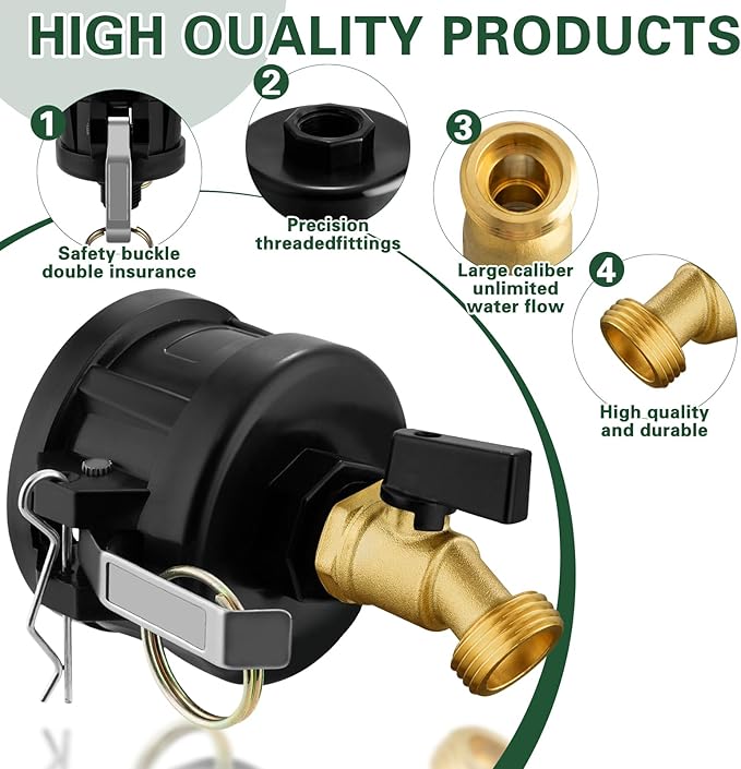 IBC Tote Adapter, 2" Cam Lock for 275-330 Gallon IBC Tote Tank with 2packs Groove Fittings, IBC Tote to Garden Hose Adapter with Brass Hose Faucet (3/4" Male NPT Inlet ×3/4" Male GHT Threaded)