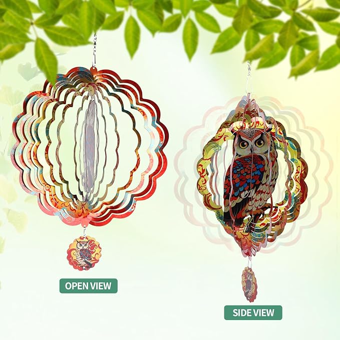 Owl Wind Spinners Outdoor for Mother's Day, IDEA SHOW 12In Stainless Steel Wind Spinners, 3D Kinetic Hanging Sculpture, Rustproof Metal Garden Decor Ornaments for Yard Art, Women, Men, Holidays