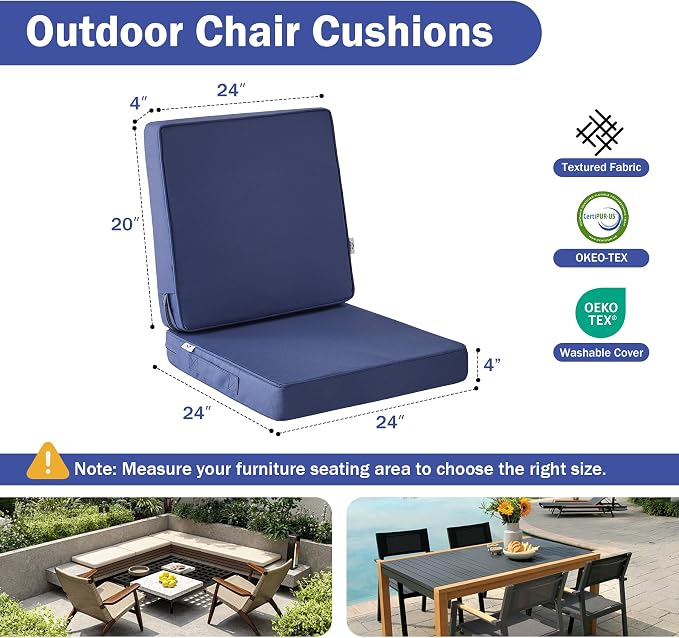 IPYNBAP Outdoor Cushions, Outdoor Chair Cushions 24x24x4 Inch, Cushions for Outdoor Furniture with Removable Cover, Waterproof & Fade Resistant Outdoor Seat Cushions for Patio, Lawn, Navy Blue