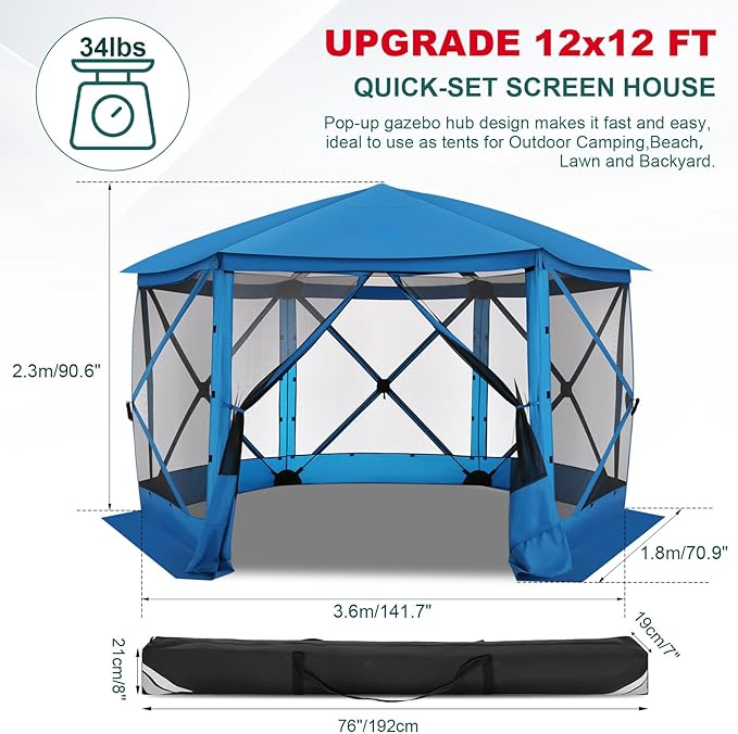 COBIZI 12x12 FT Pop Up Canopy Stargazing Tent, Gazebos On Clearance with Removable Roof,Instant Screened in Gazebo, Screen Tents Portable carpas para Patio for Outdoor Camping,Backyard, Garden, Blue
