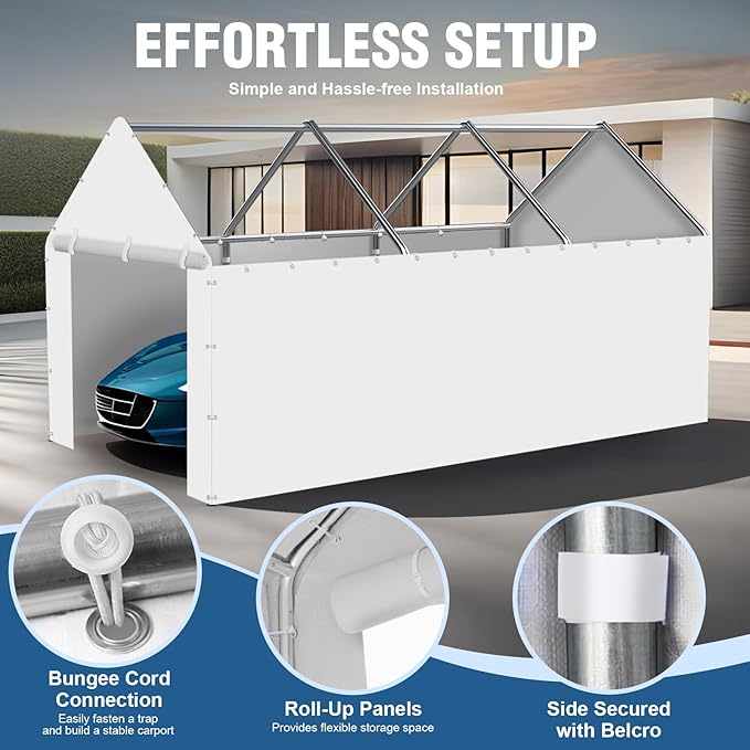 Canopy Sidewalls for 10x20x9.35FT Carport with Ball Bungee Cords, Shelter Logic Replacement Covers Canopy Walls for Car Tent Garage(Sidewalls Only) (White)