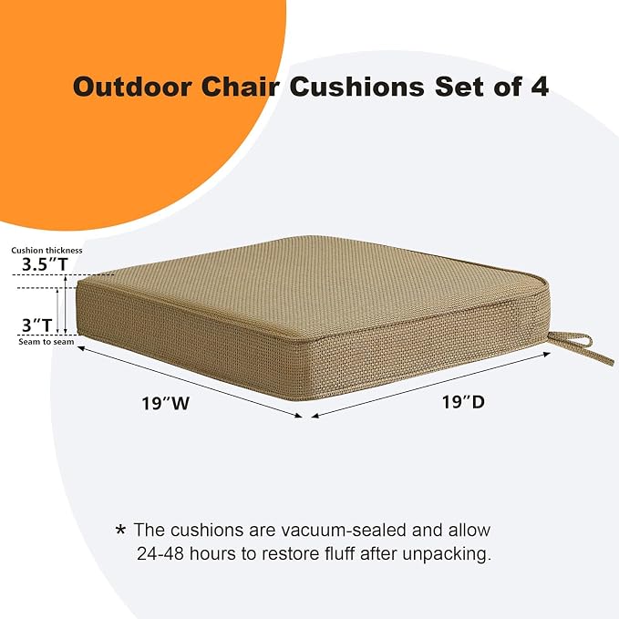 Unimatta Square Corner Seat Cushions, 19" x 19" x 3", Set of 4, Indoor Outdoor Water Repellent Universal Chair Pads with Ties for Patio Furniture, Garden Dining Chairs, Natural Beige Lattice