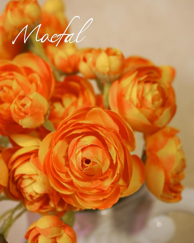 Ranunculus Artificial Flowers 18pcs, Faux Silk Mini Ranunculus Bulk Fake Wedding Filler Flowers for DIY Bouquets Centerpieces Bridal Shower Decorations Arrangements, Citrus Orange