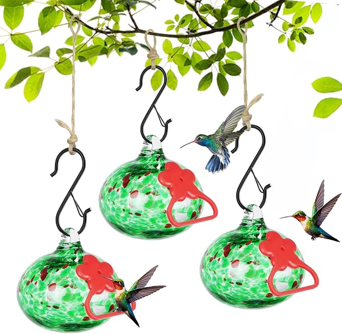 Pozfun Set of 3 Hummingbird Feeders for Outdoors Hanging,Hand-Blown Glass Hummingbird Feeder with Silicone Feeding Perch,Never Leak,Gardening Gifts for Woman Man(Green)