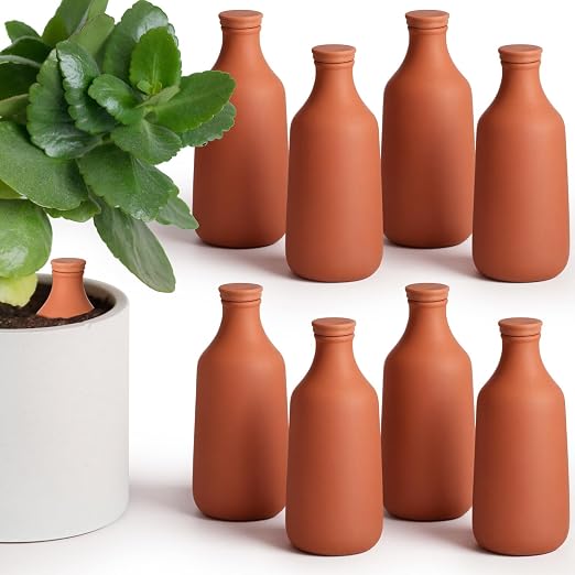 DoubleFill 8 Pcs Ollas Terracotta Watering Pots Self Watering Planter Insert Terracotta Globes Clay for Outdoor Indoor Garden Plants, Easy to Refill (18 oz)