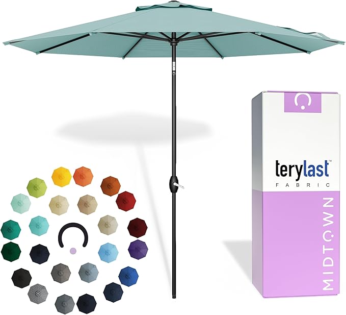 Midtown Umbrellas - 10-Year-No-Fade 8 Ft Patio Umbrella with Terylast Fabric, Auto-Tilt Aluminum Frame and 8 Reinforced Ribs for Deck, Pool, Garden & Beach - Aqua Canopy, Black Pole