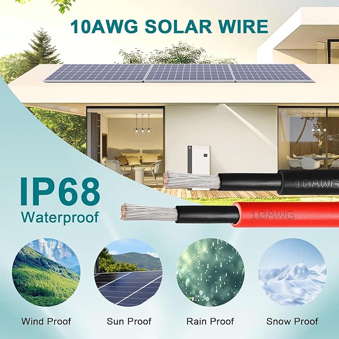 XRDS -RF 10AWG Solar Wire 6mm², 2 Pack 100FT Red & Black Solar Panel Cable, 84 Strands Tinned Copper, XLPE Insulated Outdoor Wire for PV Systems, Inverter, Battery, RV, Car, Boat – Fire & UV Resistant
