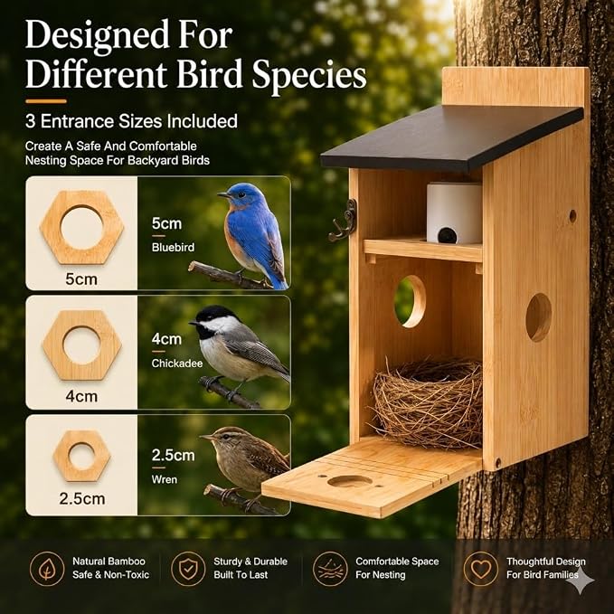 Smart Bird House with Camera, Bamboo Wooden Birdhouse for Outdoor Bird Watching, App Live View, Color Night Vision, Motion Detection, Waterproof Bird Nesting Box