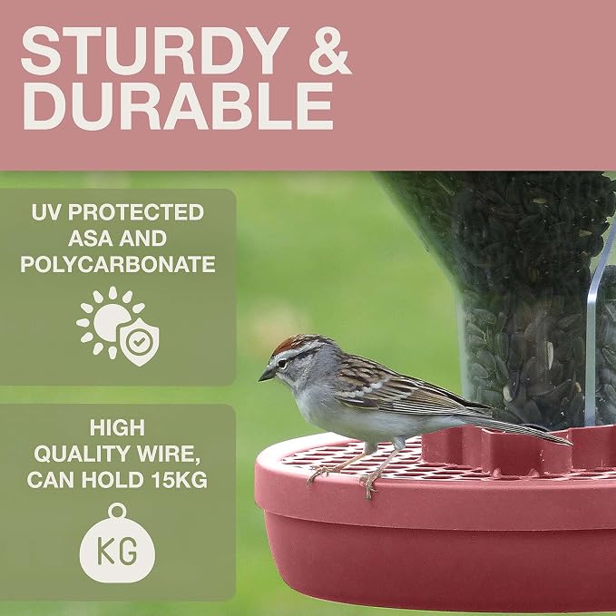 SWISSINNO Bird Feeders - No Mess Hanging Bird Feeder for Outdoors - Smart Birds Davos Spill Proof Wild Cardinal & Small Bird Feeder with Integrated Seed Catcher Tray - Dual Chamber - Dusty Rose