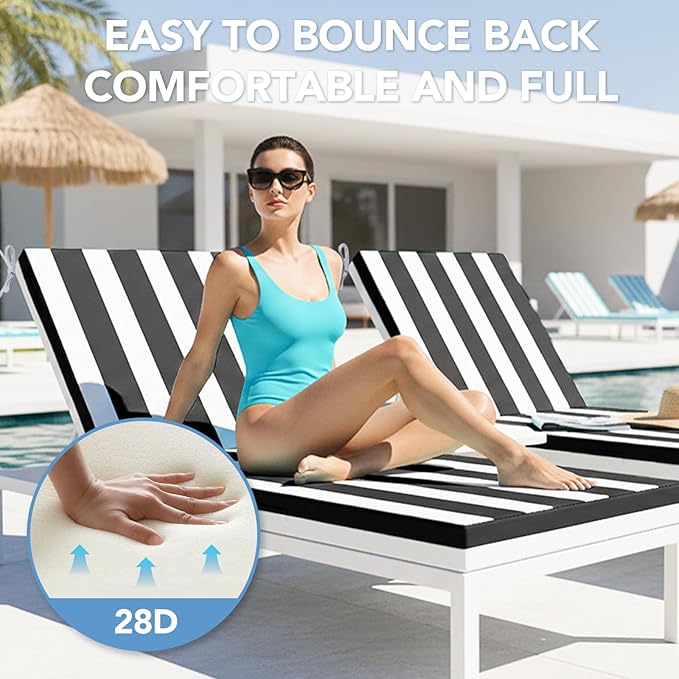 L'AGRATY Outdoor Lounge Chaise Cushion: 72x21x3 Inch Waterproof Lounge Chair Cushion for Outdoor Furniture with Fade Resistant Removable Cover - Patio Cushions for Pool Lawn Deck(Black White 1Pack)