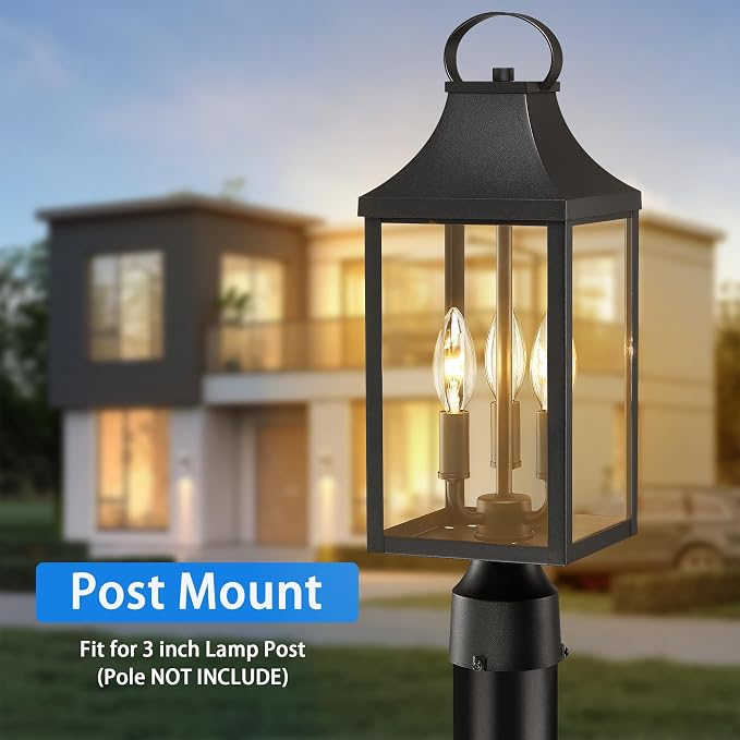 18.62 Post Light Outdoor, Large 3-Light Lamp Post Light Fixture, Modern Pillar Outside Lighting Waterproof Post Lantern Lamp Outdoor Post Light Fixtures Pole Lights for Porch, 1 Pack