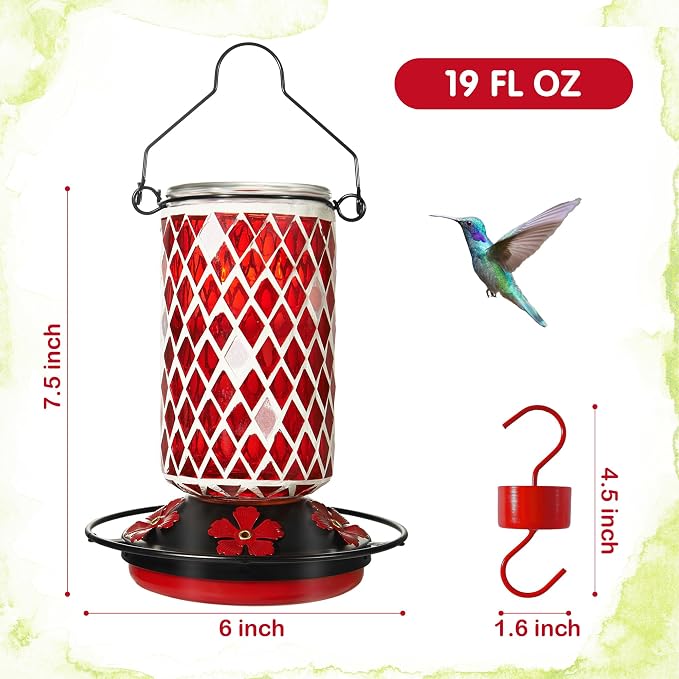 Glass Hummingbird Feeder, Red Hummingbird Feeders for Outdoors Hanging, 19 Ounces, Mosaic Bottle Easy to Clean, 5 Feeding Ports, Ant Moat Included