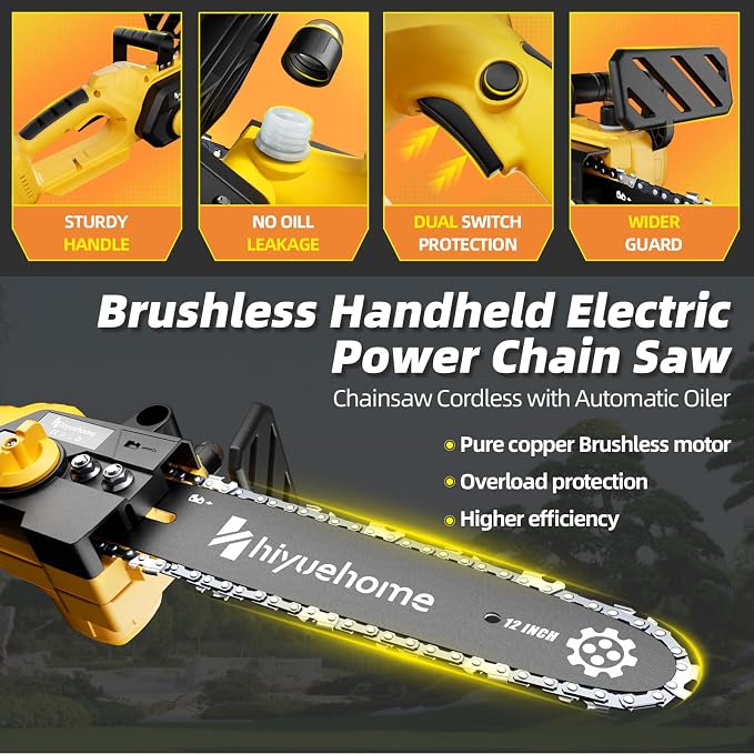 Power Chainsaw 12inch,Chainsaw Cordless w Automatic Oiler, Handheld Electric Power Chain Saw w Security Lock, Brushless Motor,for Wood/Trees Trimming (Yellow-2, 12 INCH)