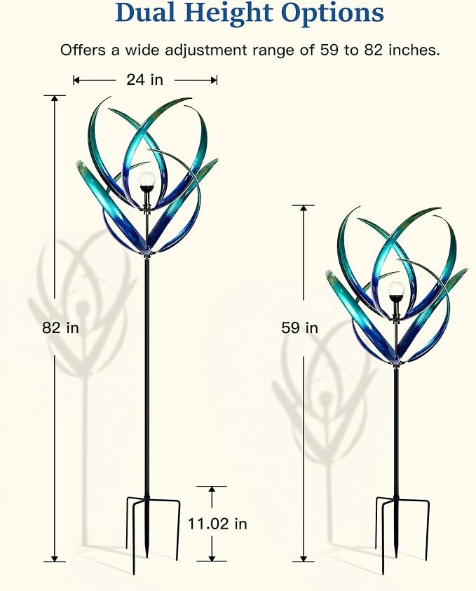 Lariander Outdoor Wind Spinners with Solar Light, 82'' Metal Large Spinner Yard Art, Peacock Blue Wind Sculptures for Garden Lawn Patio, Gifts for Family