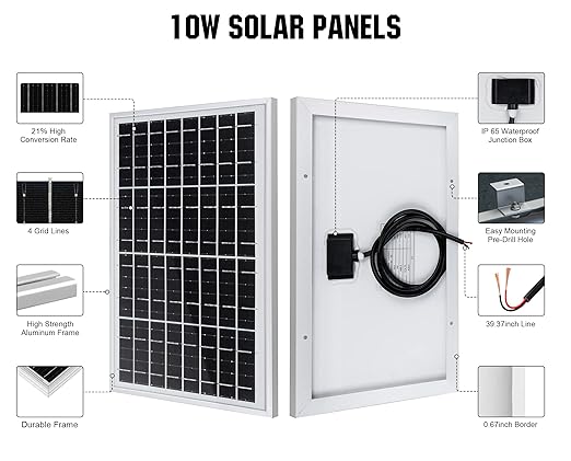 ECO-WORTHY 10W Solar Panel Battery Charger Portable for Charging 12V Battery or Vehicle Gate Opener,Electrical Fence Chicken Coop Lawn Tractor Boat