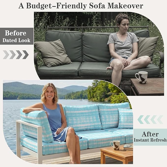 8 Pack Outdoor Cushion Covers Water Resistant High Stretch Fit Patio Cushion Covers 180g Couch Seat Slipcovers Machine Washable Pet & Kids Friendly Home Refresh 20-27 Inch, Teal Tie-Dye