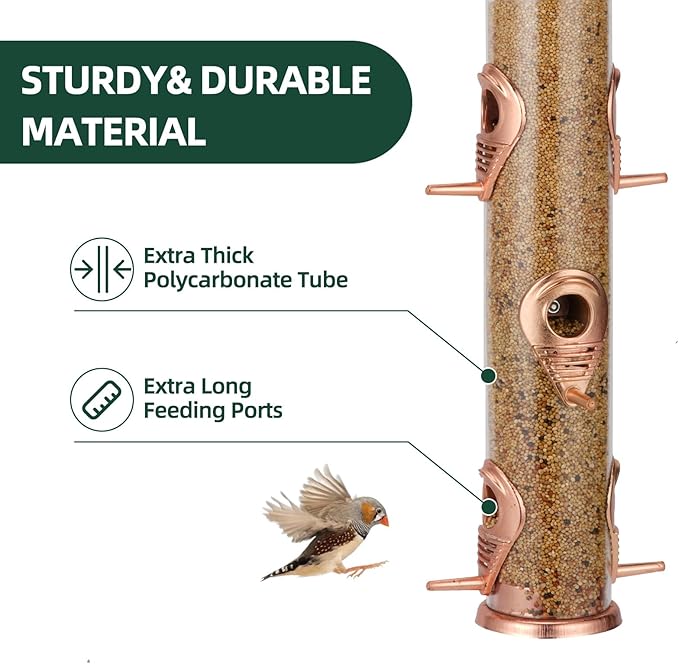 ERYTLLY Metal Bird Feeders 6 Port Tube Bird Feeder for Wild Birds, 1.4mm Extra Thick Solid Tube Transparent with Steel Hanger for Outside