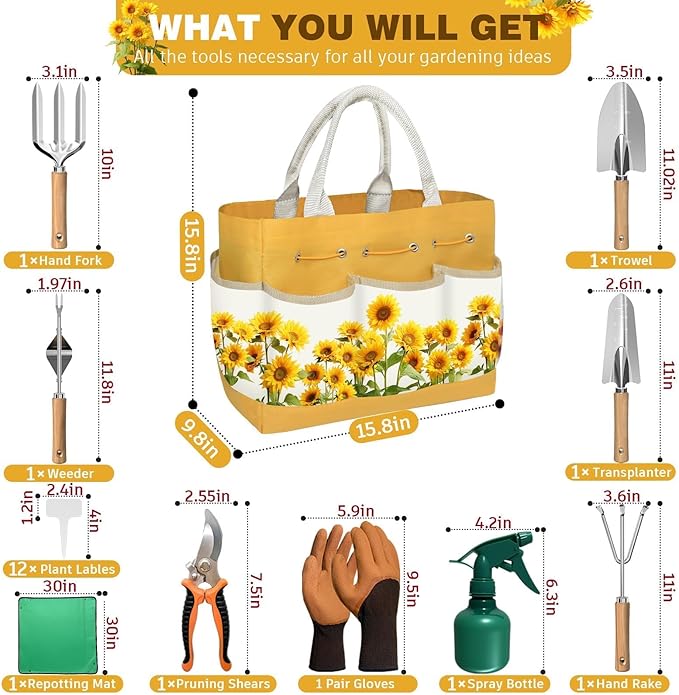 22Pcs Gardening Tools Set for Women Heavy Duty Garden Hand Tool Kit,Gifts for Mothers Day Mom Beginner Gardening Accessories with Sunflower Tote Bag/Shovel/RepottingMat/Plant Labels/Gloves-Yellow