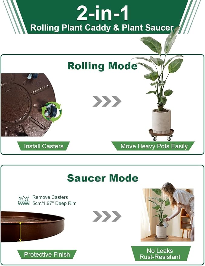 Plant Caddy with Wheels, 14" Heavy Duty Metal Plant Dolly, 390 lb Capacity Rolling Plant Stand with 360° Locking Casters, Waterproof Planter Tray and Saucer for Indoor Outdoor Large Pots