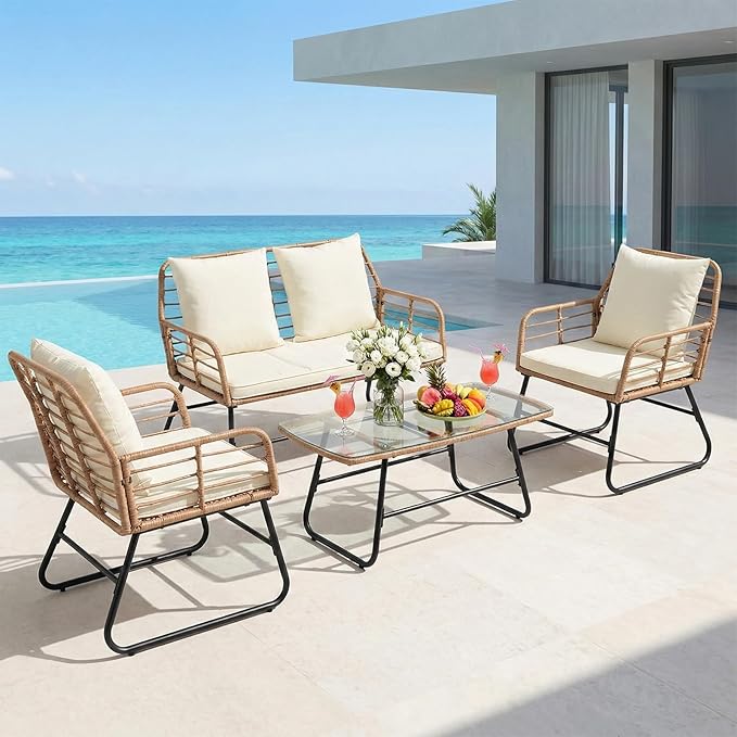 DUMOS Outdoor 4 Piece Patio Furniture Set, Wicker Patio Set with Thick Sandwich Structure Cushions, Deep Seating All-Weather Rattan Sofa and Functional Glass Table for Porch, Lawn, Brown