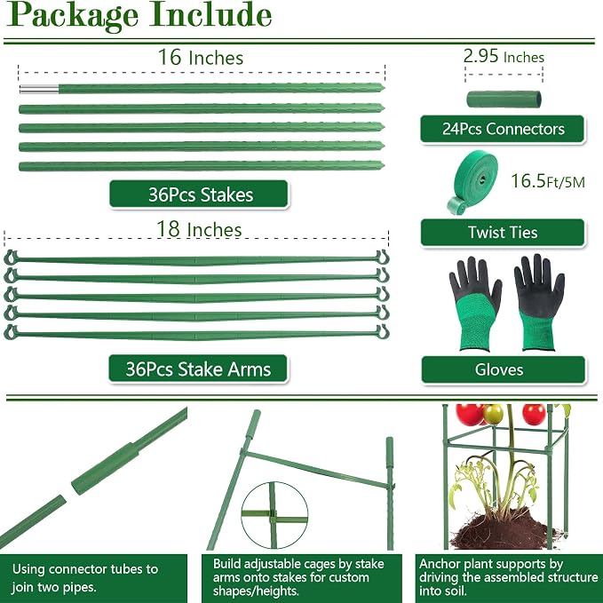 3Pack 18.5" Width Up to 48" Height Adjustable Square Tomato Cages for Garden, Plant Support Stakes for Climbing Vegetable, Tomatoe, Flower, with Twist Ties Snap-On Stake Arms