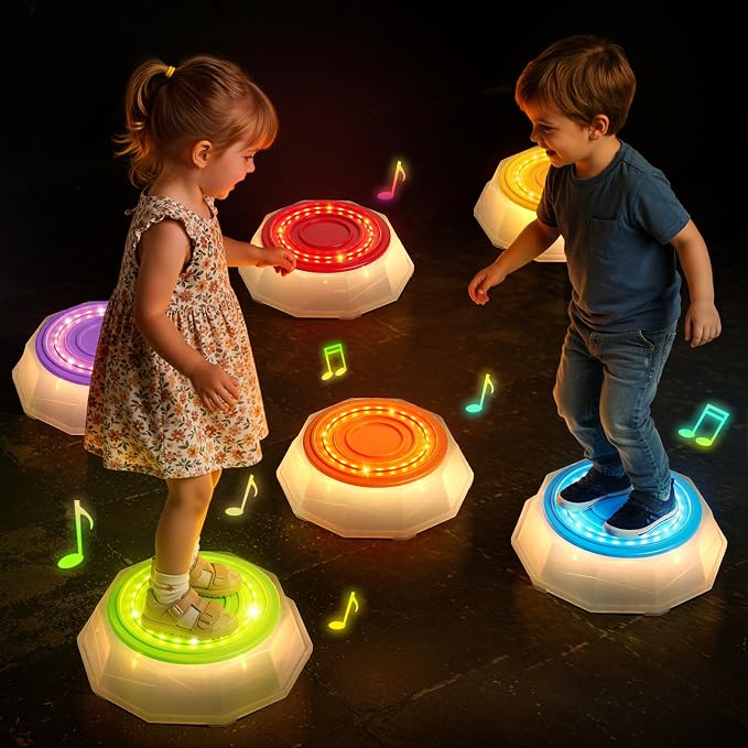 Light Up Stepping Stones for Toddlers 3-5 - 6 PCS Non-Slip Musical Stackable Step Stones, Toddler Obstacle Course Sensory Toys, Indoor Outdoor Jumping Play 1-3 Years Old Boys Girls Birthday Gifts
